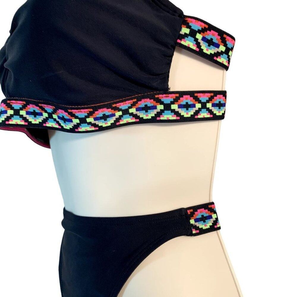 EXHILARATION Women Black w/Multi Color RainbowTrim BikiniTop/Bottom Swim Sz M‎ - Picture 6 of 11
